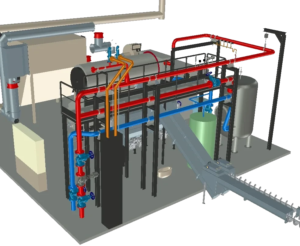 Heating plant on a platform with boiler, accumulator tank, pipework and feed system