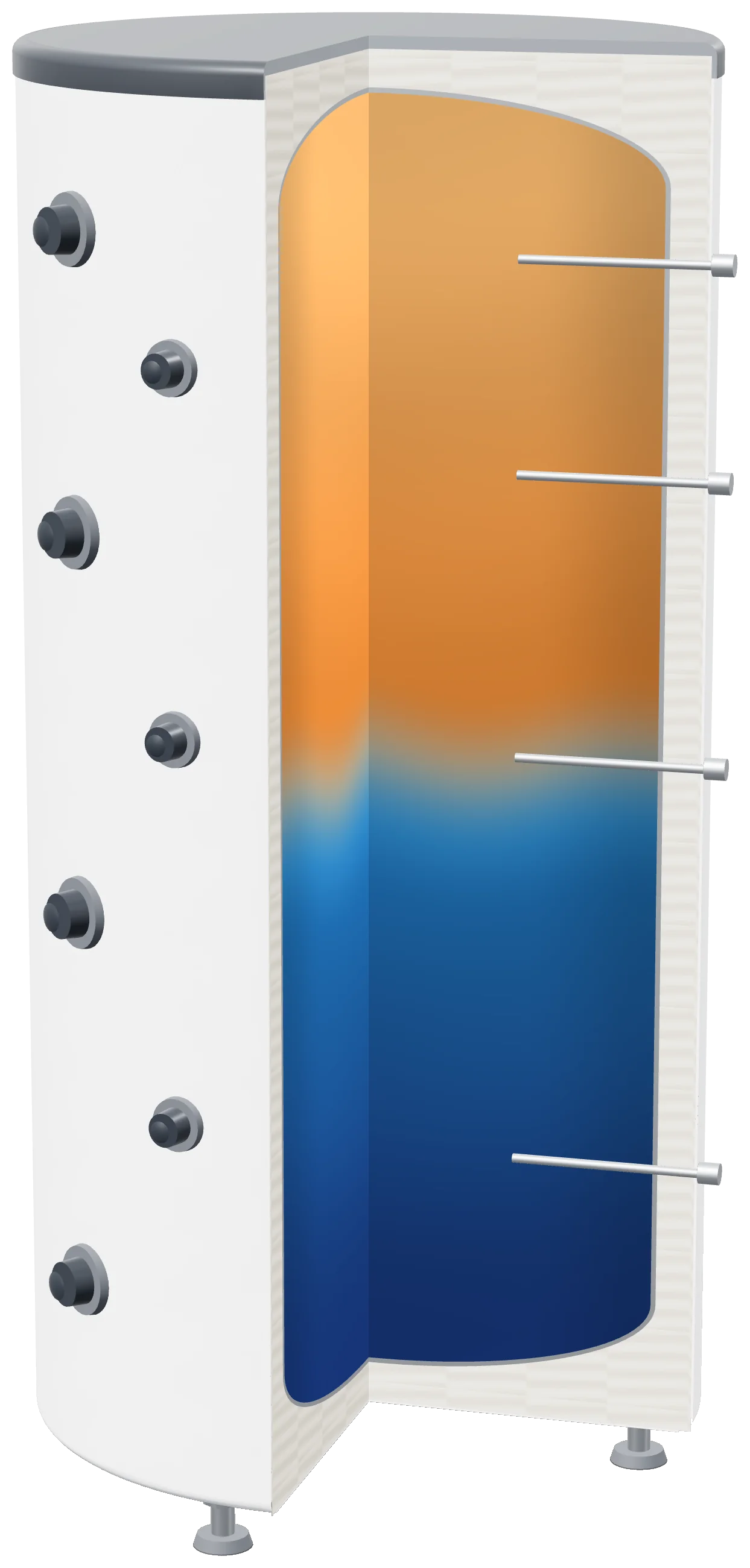 Accumulator tank in cross-section with hot and cold layers