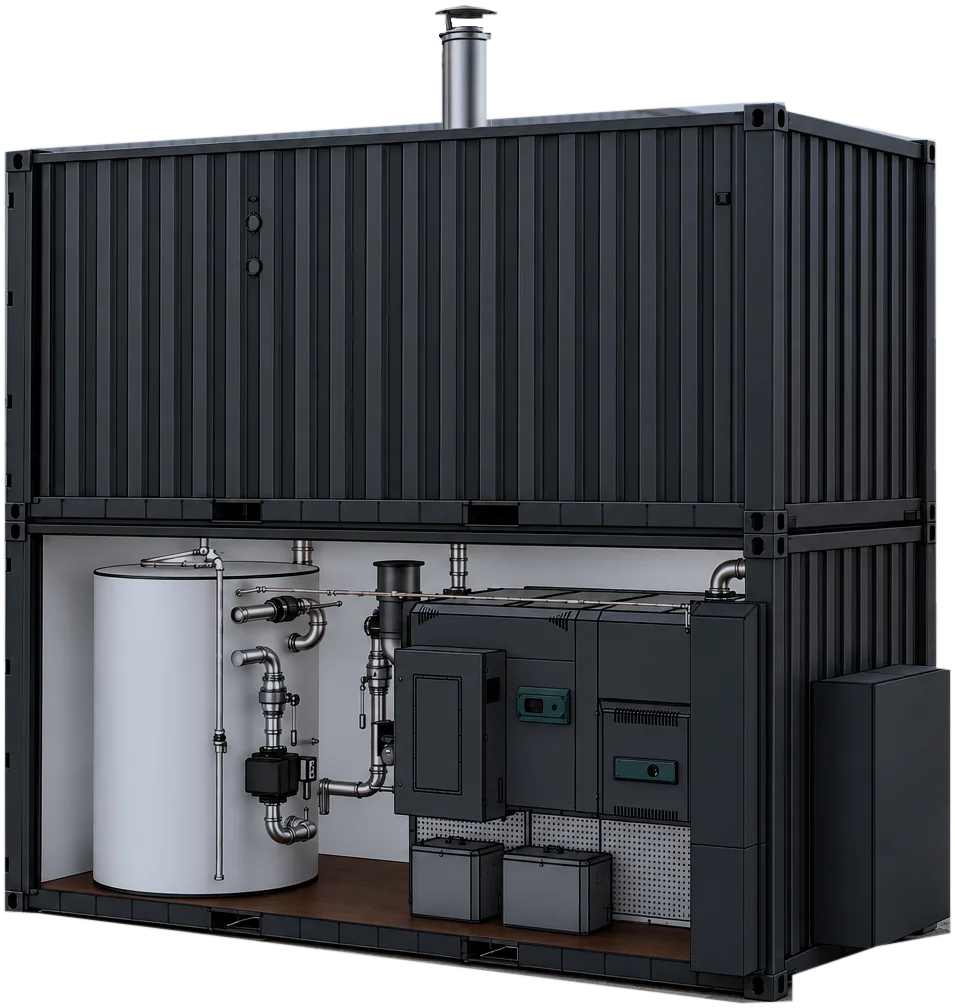 Construction heating in a container with boiler and accumulator tank