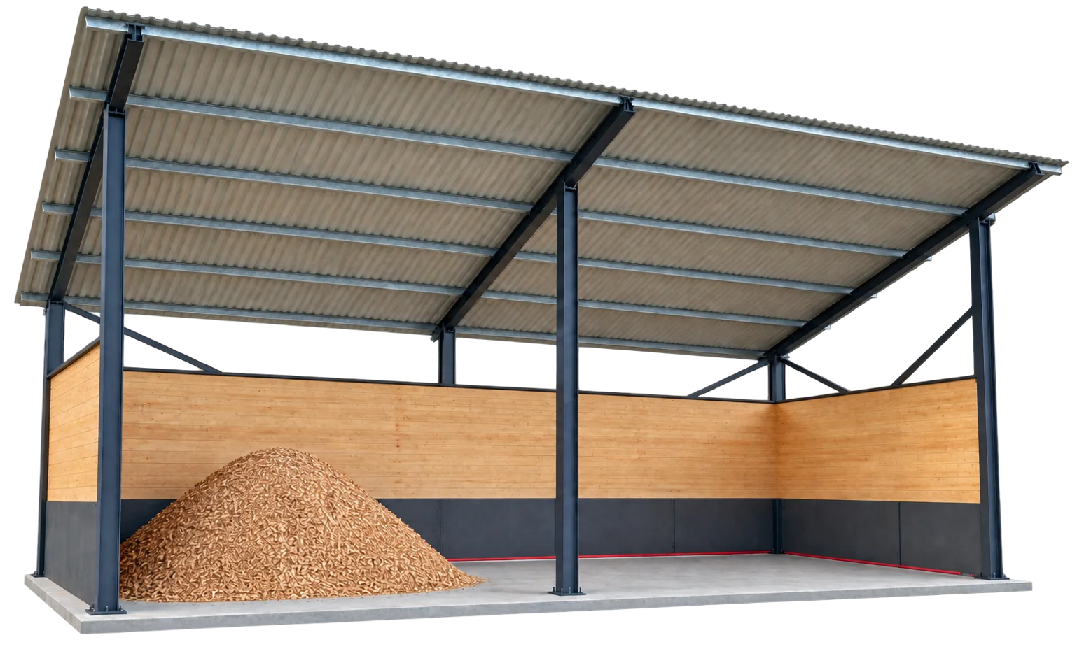 Carport with steel frame and roof, wood chips kept dry