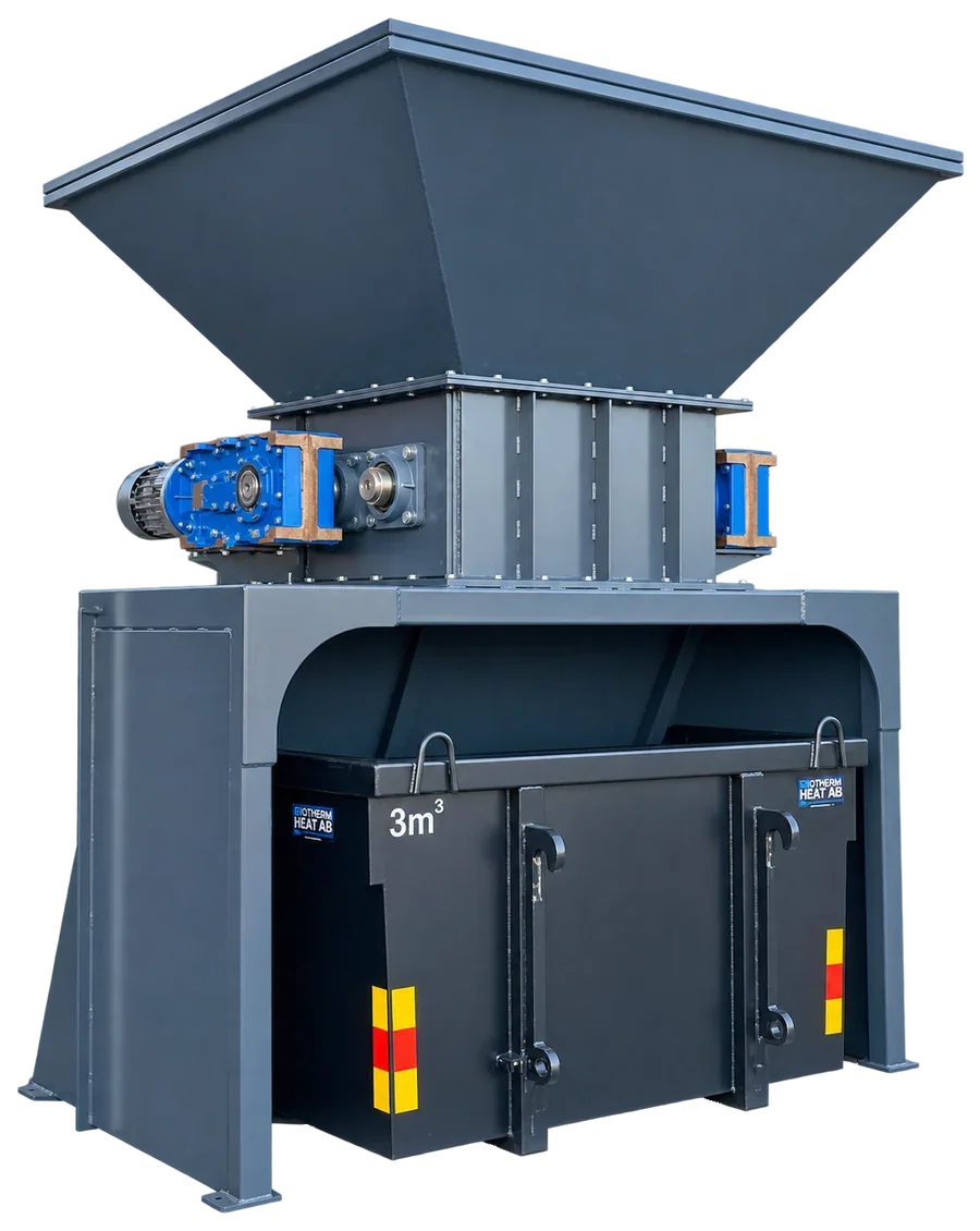The Shredder with hopper, shredder shafts with a blue gear motor and a 3 m³ bin