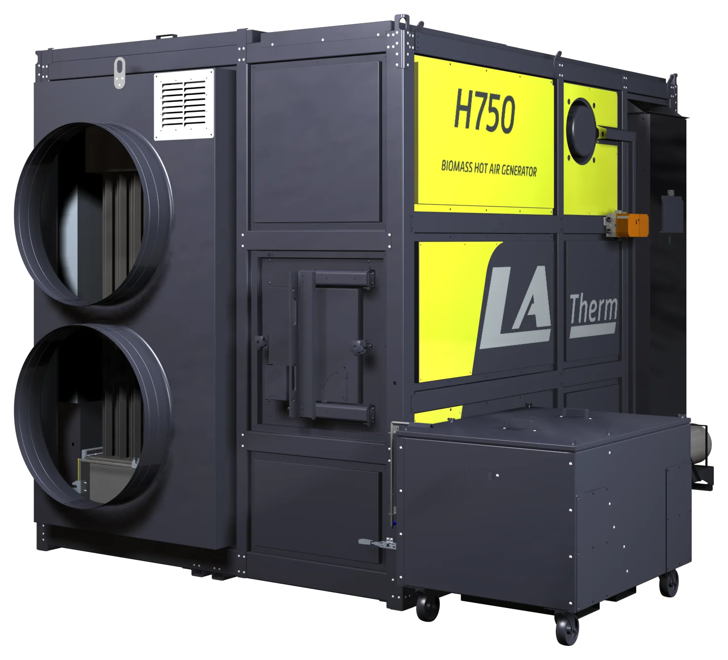 LASCO LATherm H750, a hot air generator for wood chips in a mobile container with two round hot air outlets