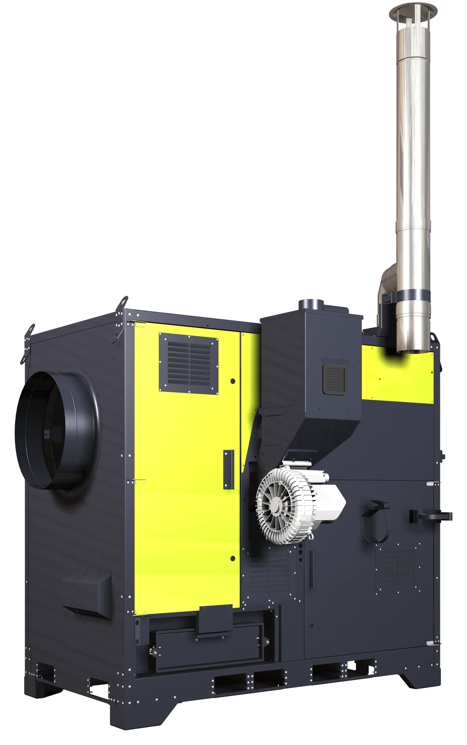 LASCO LATherm P150, a hot air generator for pellets with hour hopper, suction turbine and chimney