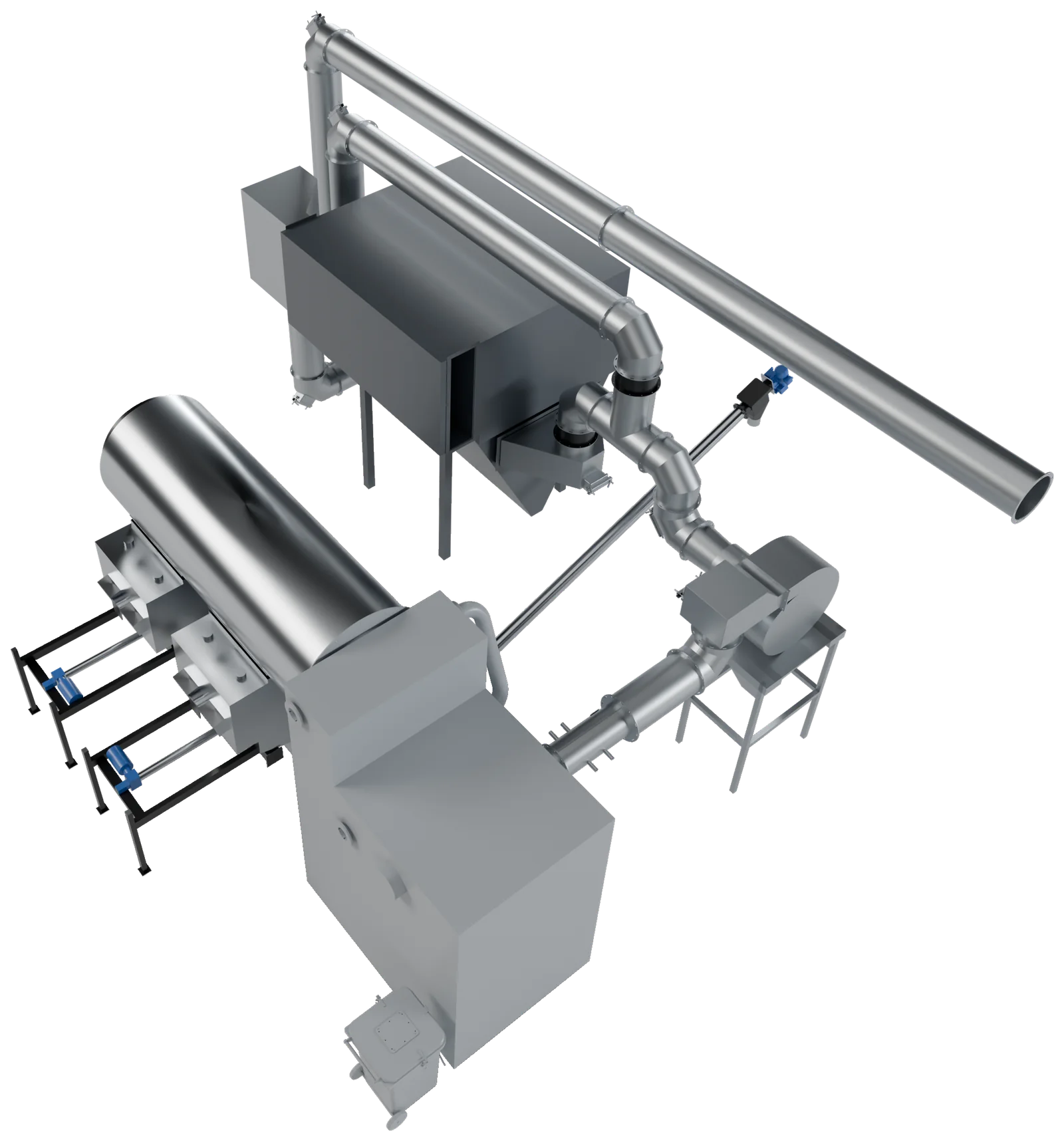 The Biotherm burner with feed system, boiler and flue gas cleaning, drawn in 3D