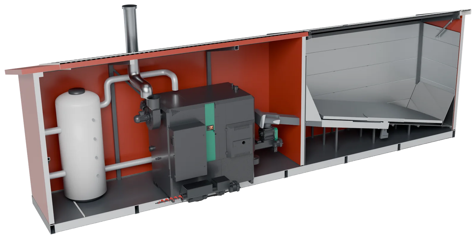 Heating plant in cross-section with PelleTech IDRO, accumulator tank, pipes and fuel store