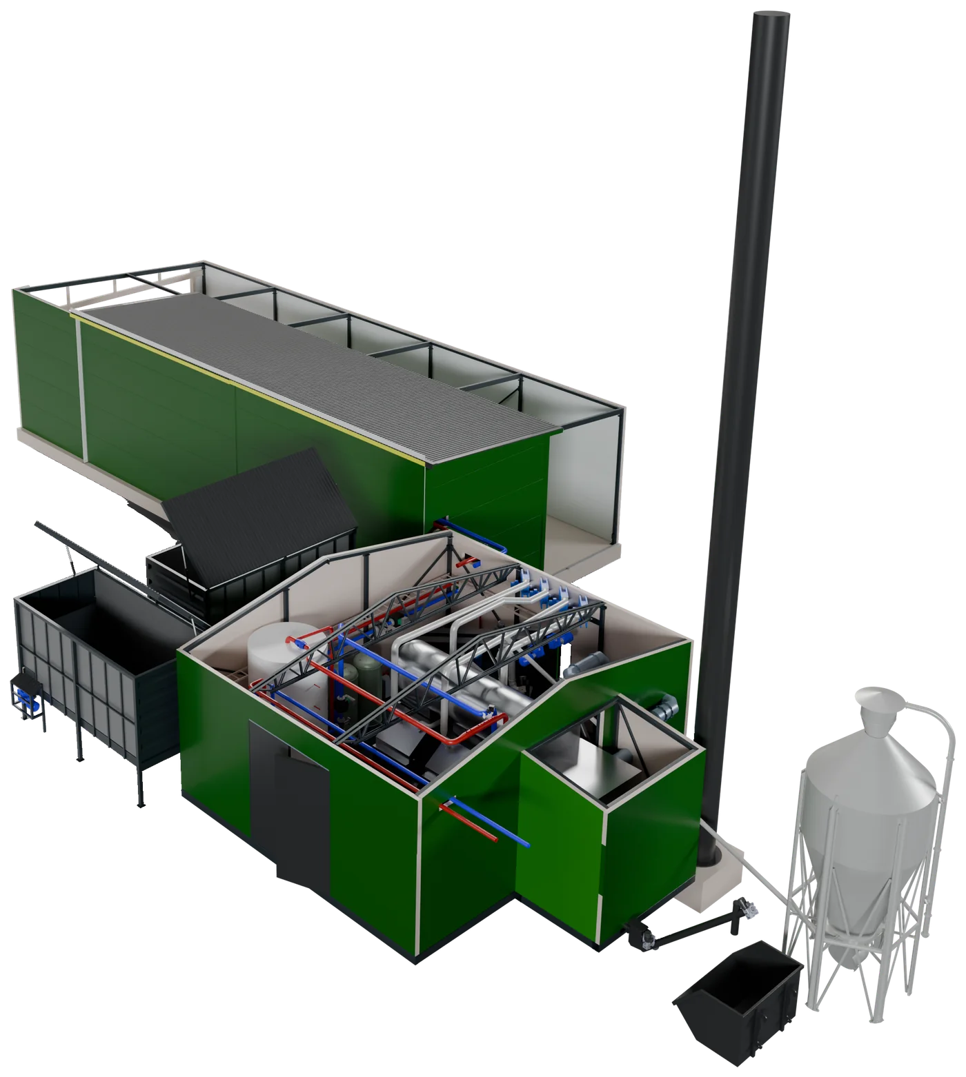 A complete plant in cross-section: the fuel store, the boiler room with the boiler, the pipes and the accumulator tank, the chimney and a silo