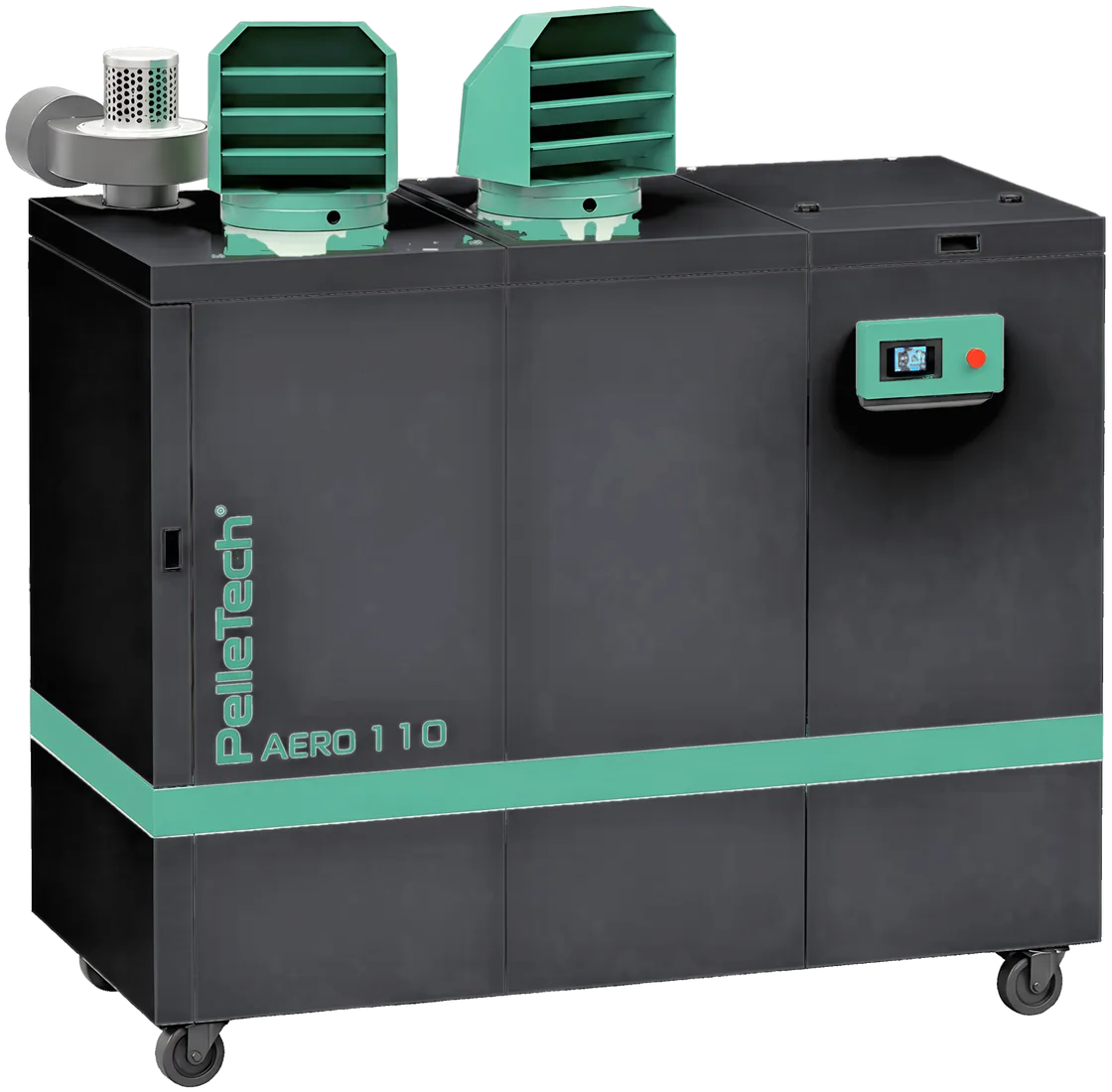 PelleTech AERO 110, compact and on wheels, black with a blue-green stripe