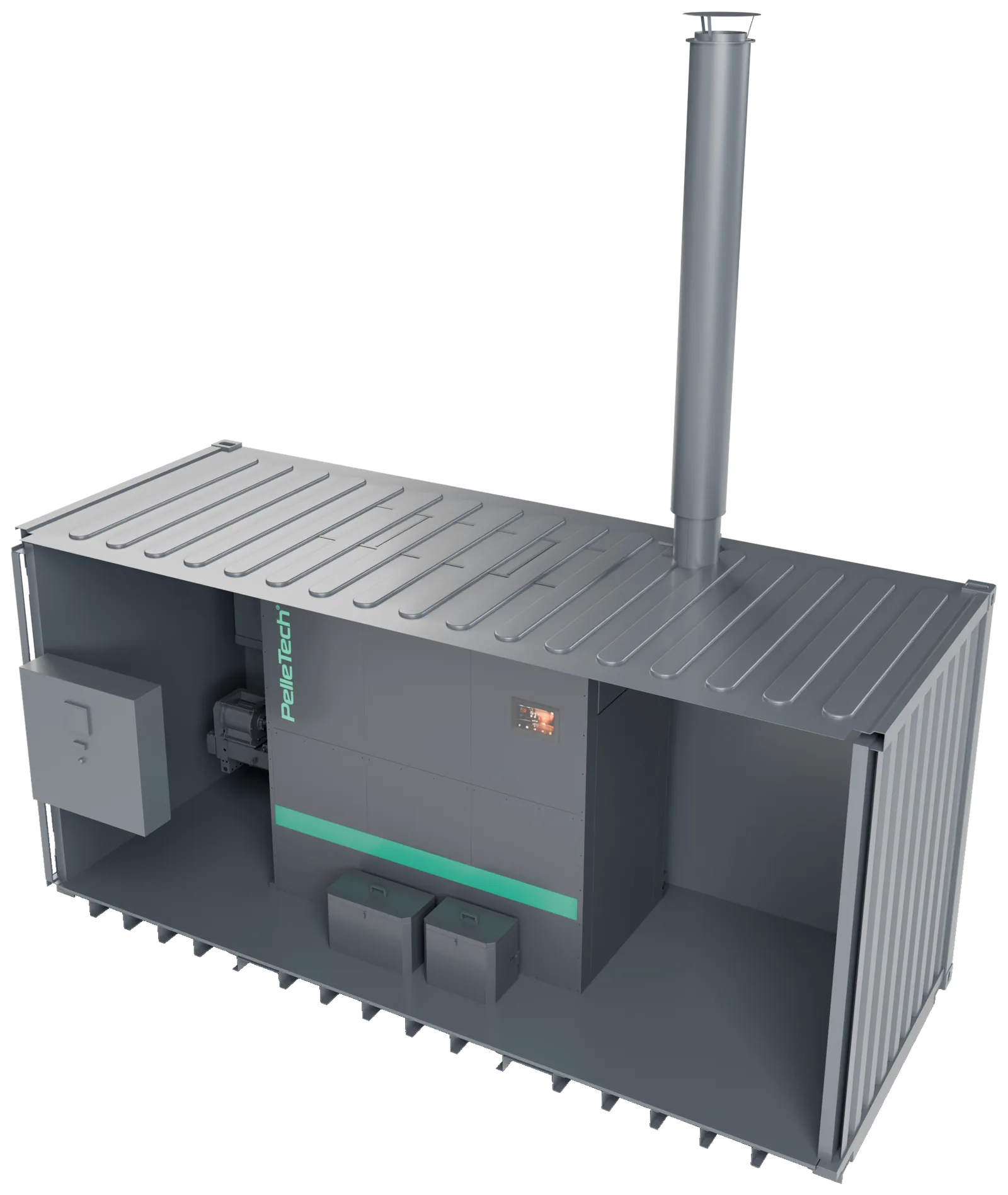 Heating plant in a container with an open long side: the AERO unit in the 2025 design with blue-green stripe and touchscreen, the feed system, the electrical cabinet, two ash containers and the chimney through the roof