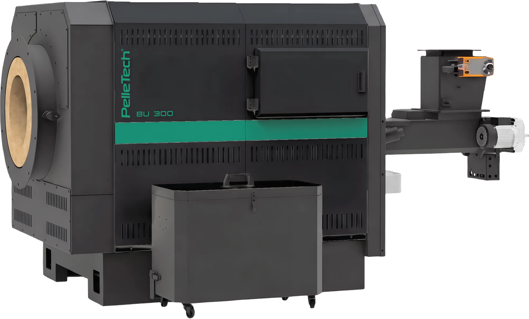 PelleTech BU 300, black with a teal stripe: the burner throat on the left, the ash container on wheels and the stoker screw with the fuel inlet on the right