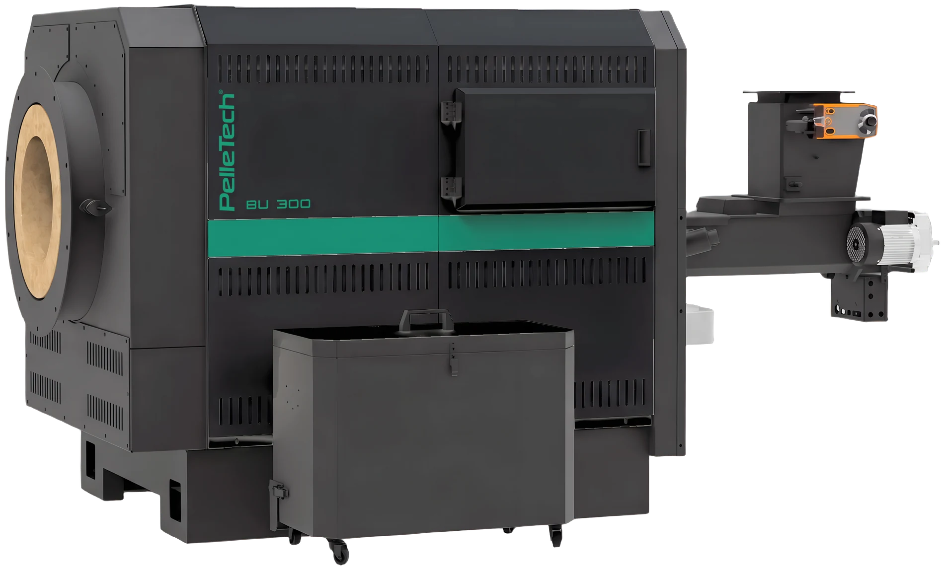 PelleTech BU 300, black with a teal stripe: the burner throat on the left, the ash container at the front and the feed with motor on the right