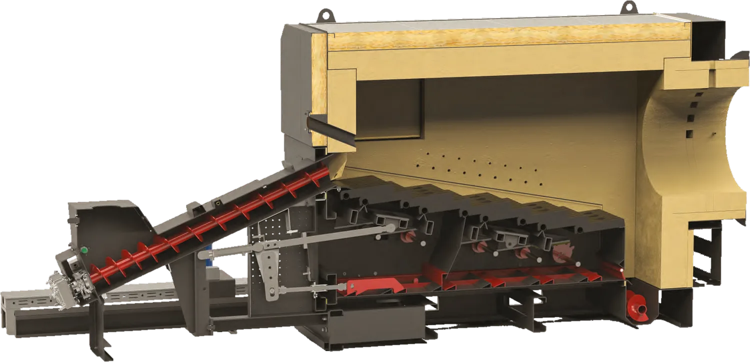 Cutaway of PelleTech BU: fuel inlet, stoker screw, moving grate, refractory combustion chamber, burner throat and ash screw