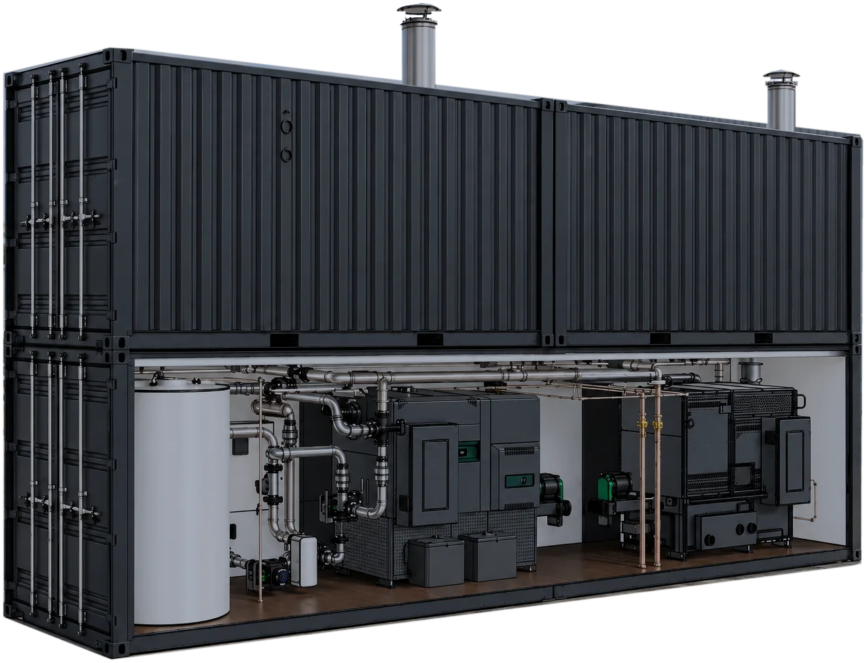Construction heating plant in two stacked containers, the lower one open to show boilers, pipes and tank