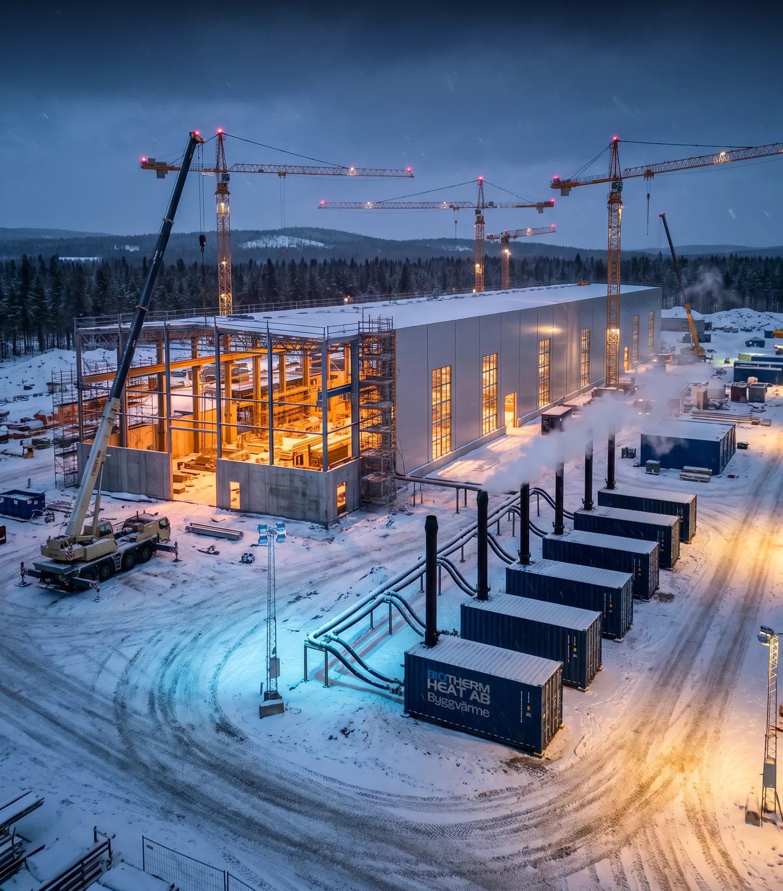 A large industrial construction site at blue hour with tower cranes, partly clad and lit from inside. In the foreground, a row of heating containers with chimneys and insulated pipes leading into the building; the nearest bears the words Biotherm Heat AB Byggvärme.