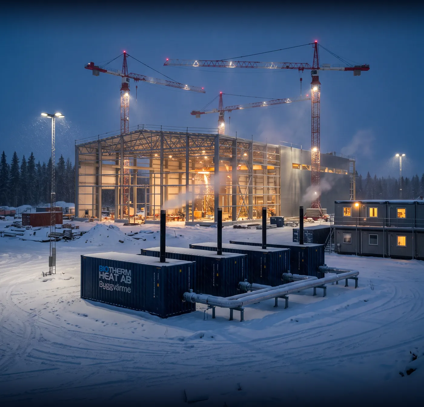 A large industrial construction site in snow at blue hour with tower cranes; in front stand four construction heating containers with chimneys, the nearest bearing the words Biotherm Heat AB Byggvärme