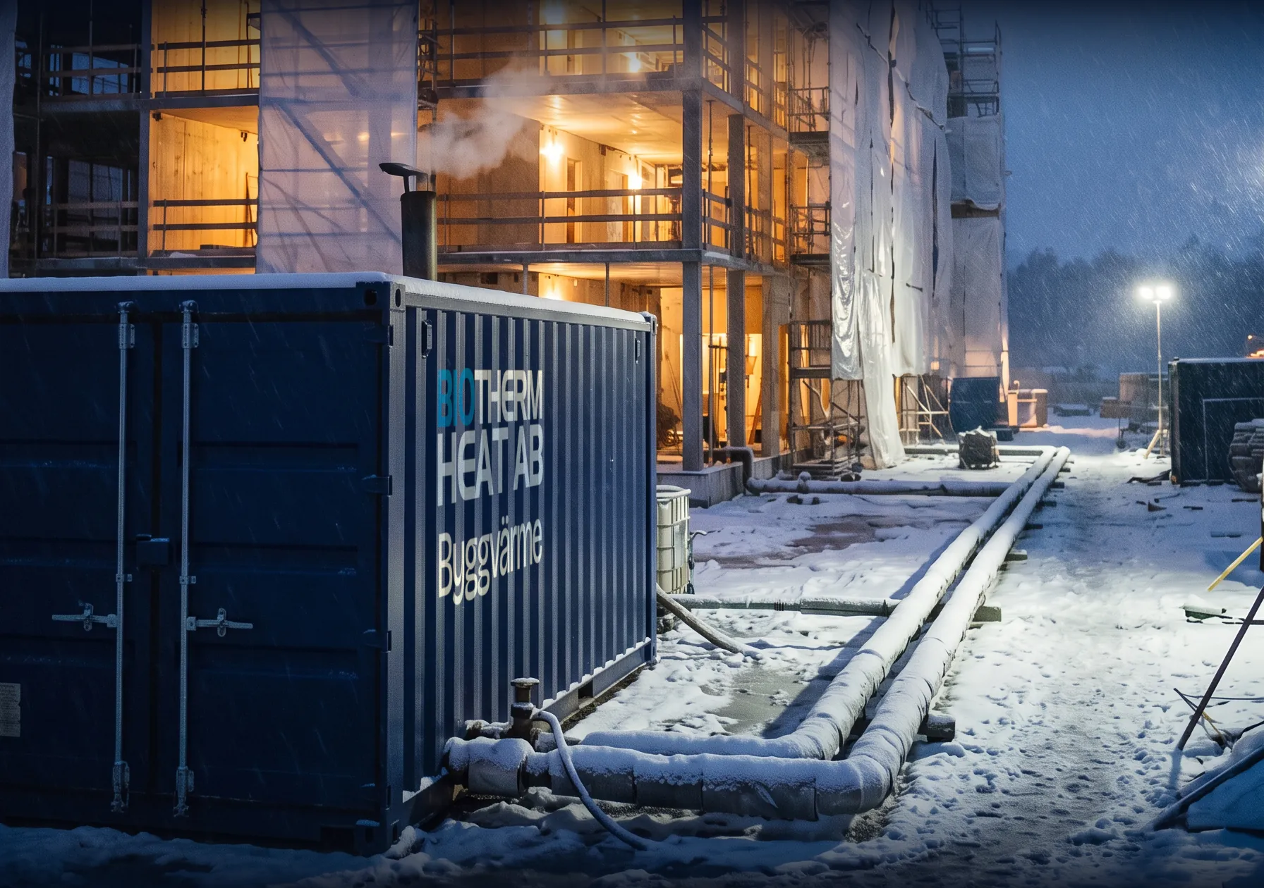 Construction site on a snowy evening: a multi-storey building under construction, clad and lit from inside, and in the foreground a navy blue construction heating container bearing the words Biotherm Heat AB Byggvärme, with insulated pipes along the ground