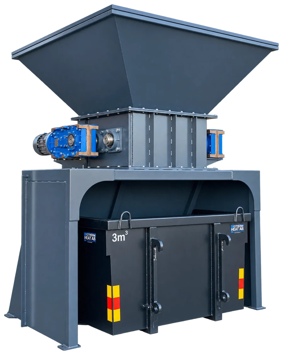 Biotherm's mobile shredder with hopper, shredder motors and bin