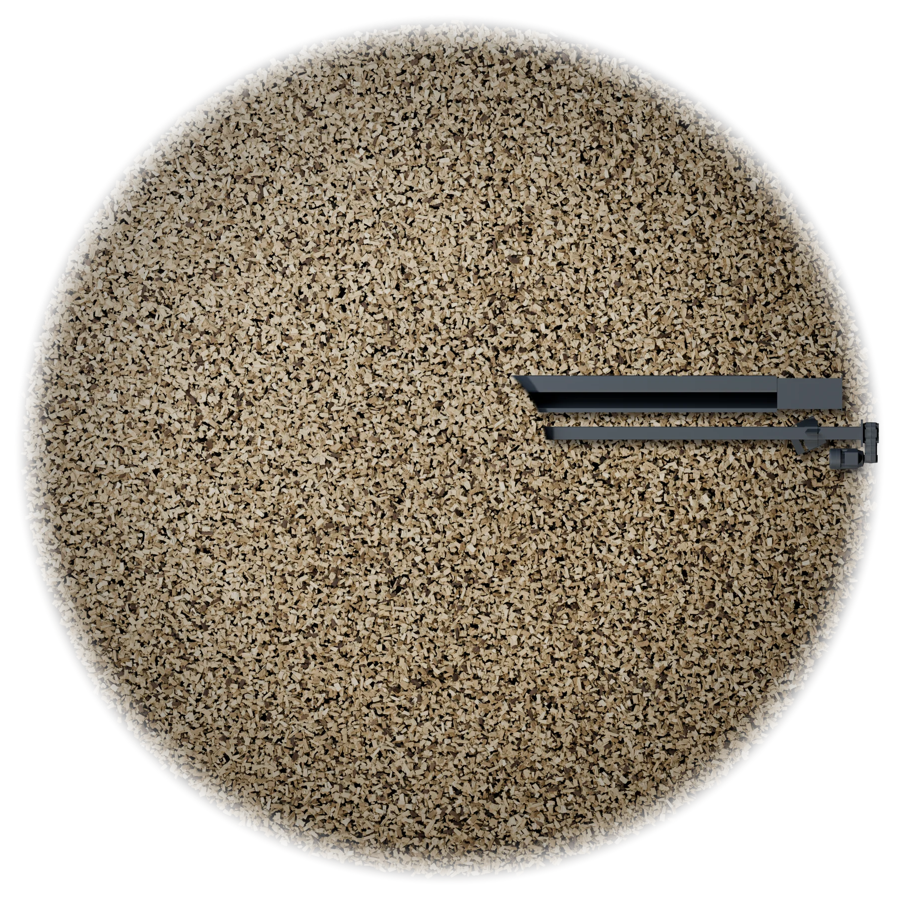 The spring agitator from above in a store full of wood chips: the plate over the hub in the centre, two spring arms out across the chips and the screw in its channel to the right