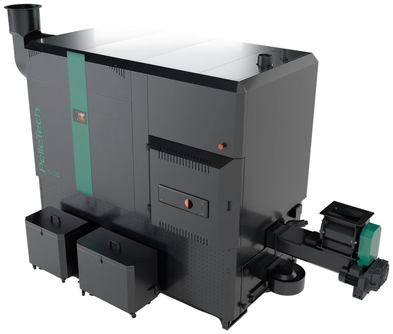 PelleTech IDRO 500, industrial boiler for wood chips and pellets, dark grey with a blue-green stripe