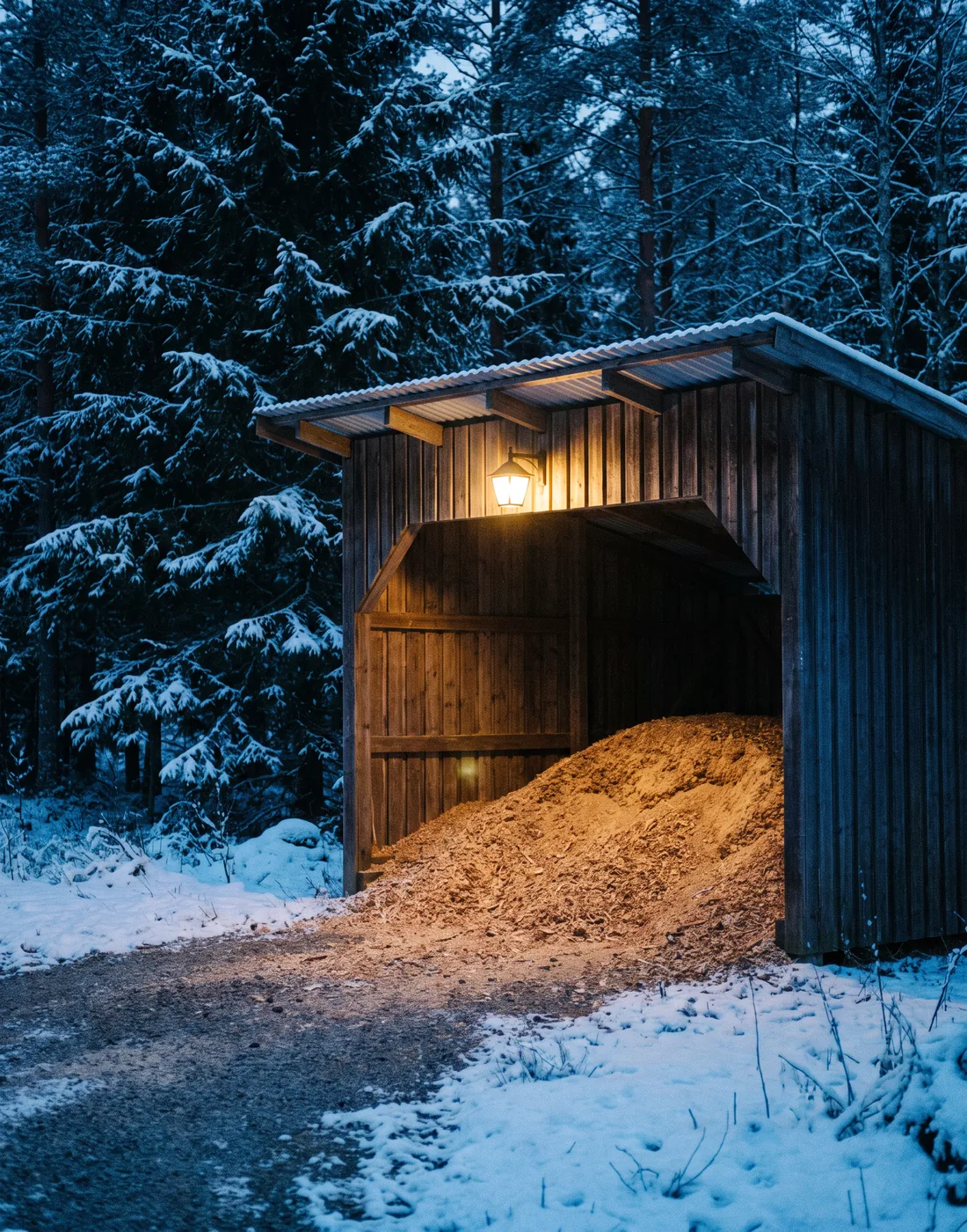 A wood chip store in the forest on a winter evening, the chips dry under the roof and the lamp lit
