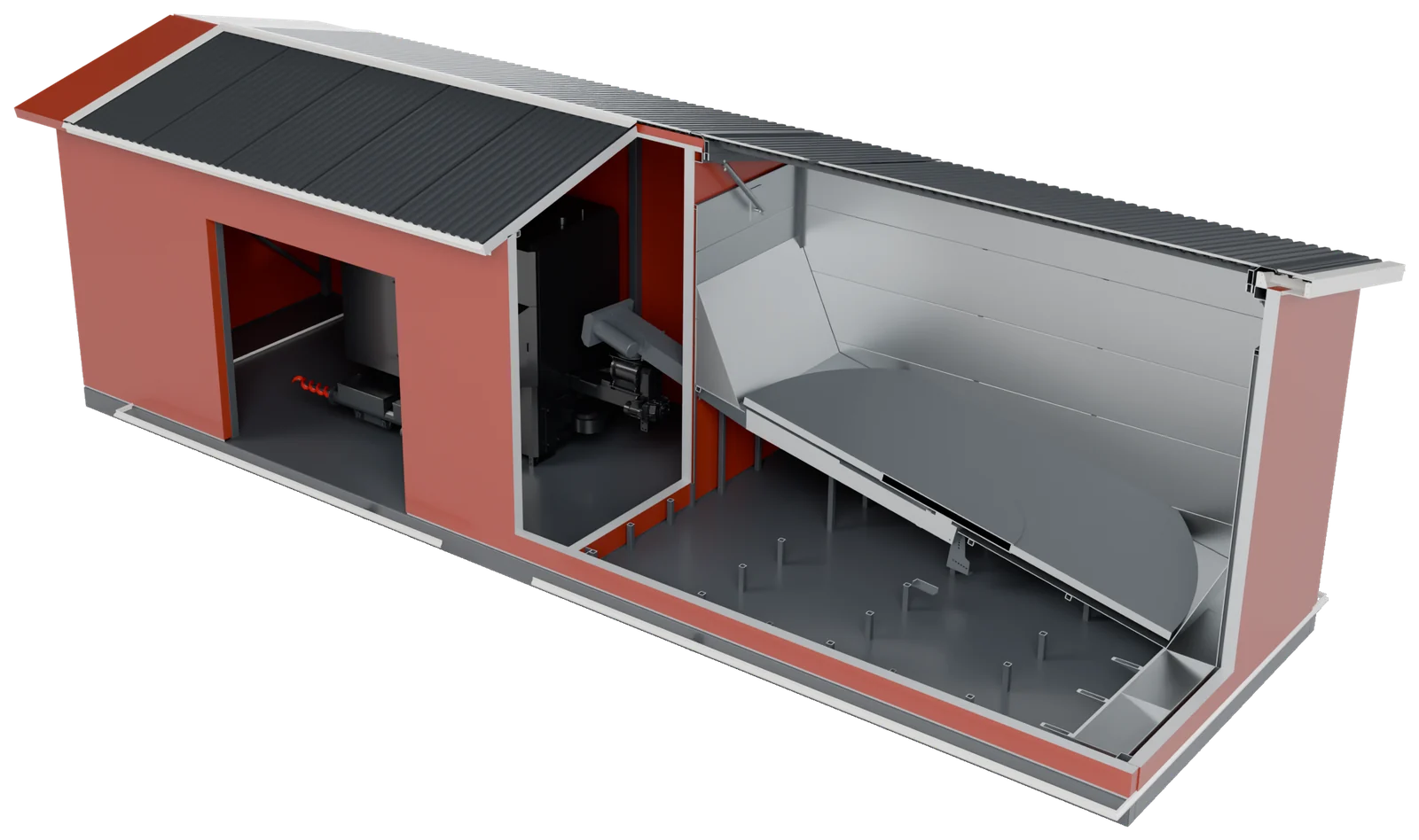 Heating plant with a built-in fuel store, cut away