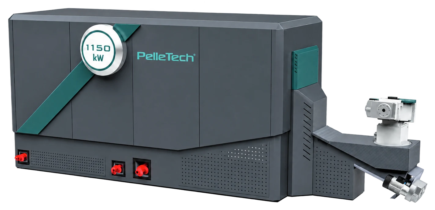 PelleTech IDRO 1,150 kW cut out: dark grey with a blue-green stripe, the 1,150 kW output badge and the PelleTech logo, the feed system on the right