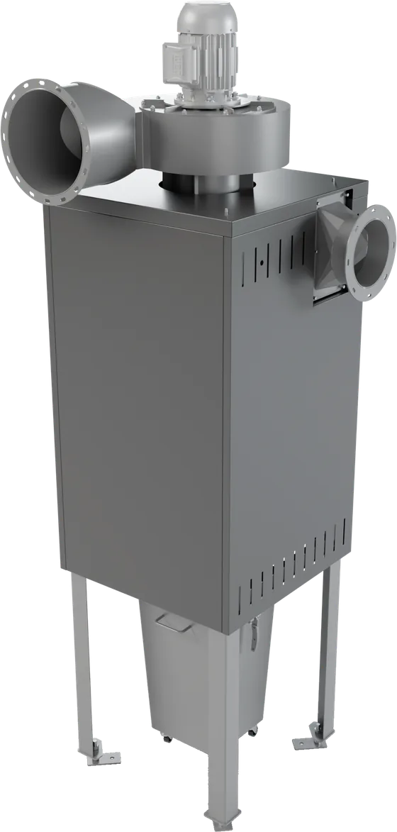 The cyclone, a vertical dust separator with a container below