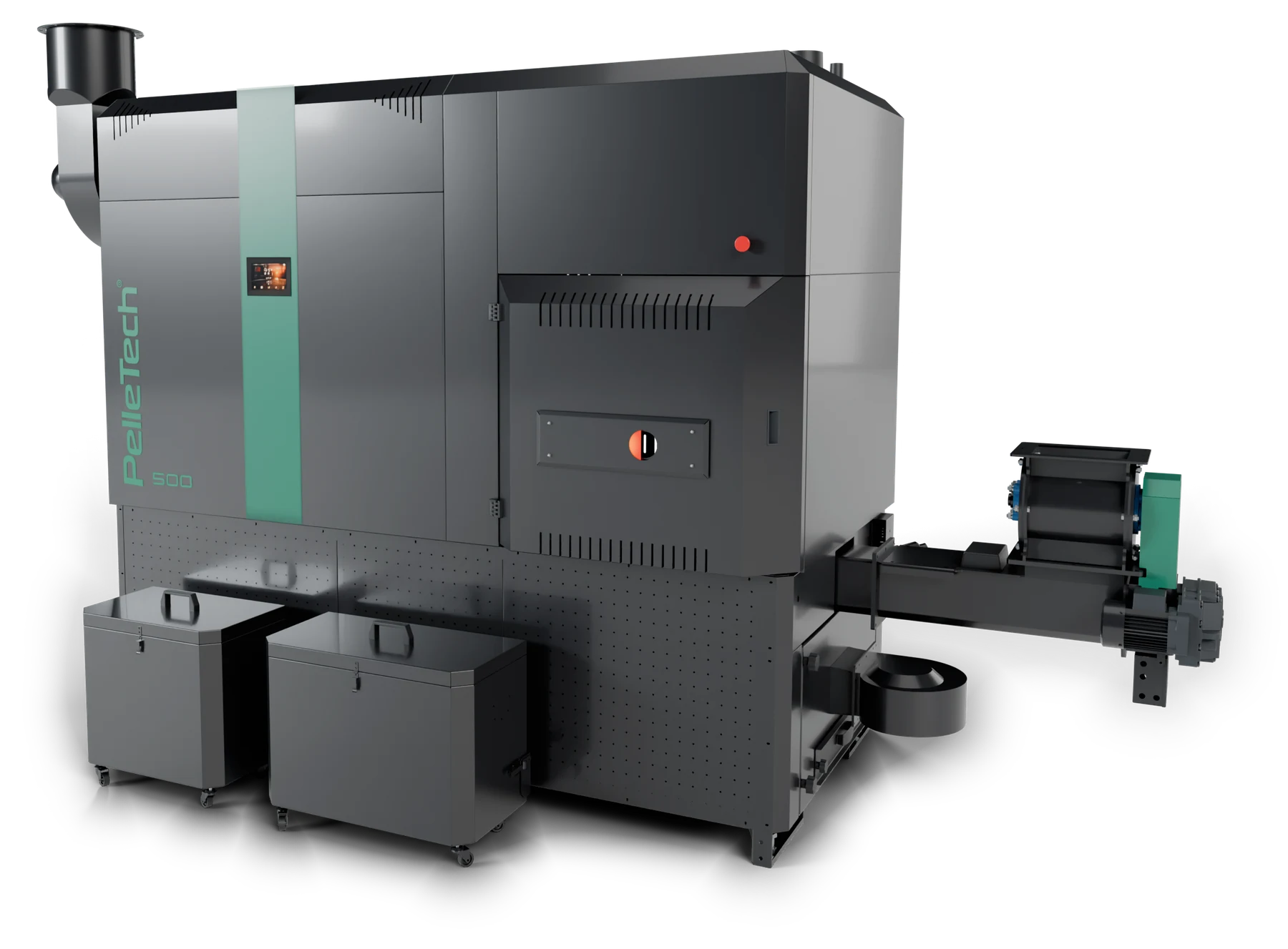 PelleTech IDRO from the front: dark grey with a blue-green stripe and touchscreen, two ash boxes and the feed with rotary valve