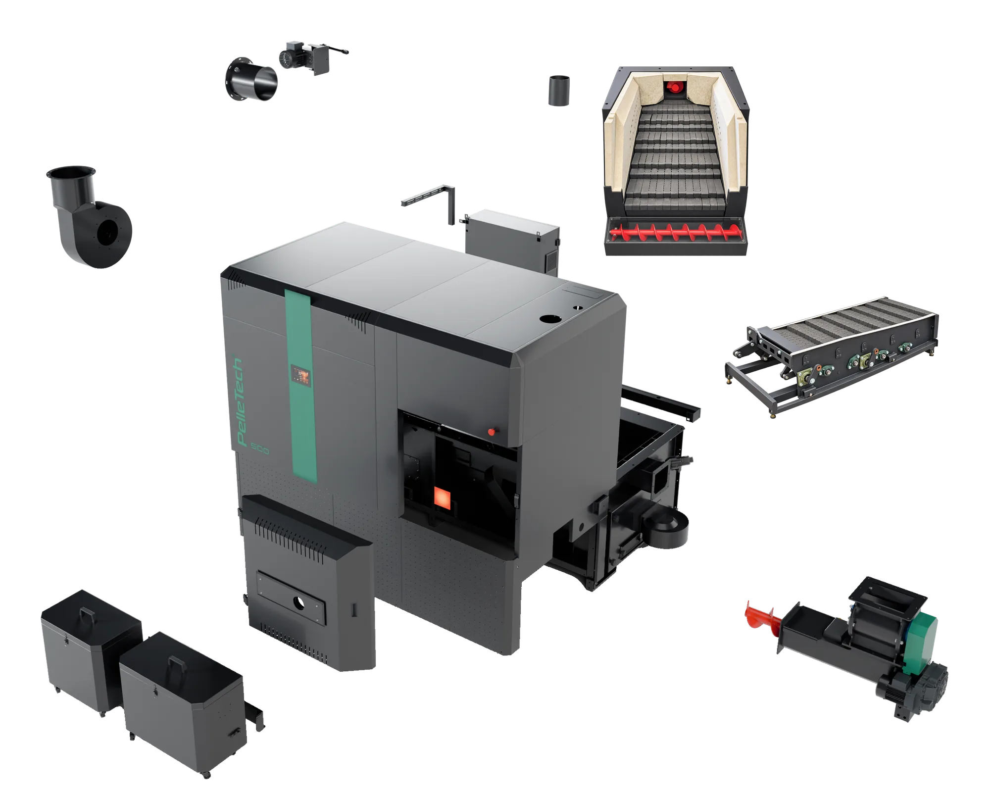 Exploded front view of PelleTech IDRO 500: the flue gas fan, the casing with the touchscreen on the blue-green stripe, the firebox door, the two ash boxes, the rotary valve and the stoker screw; the firebox and stepped grate pulled out at the top right