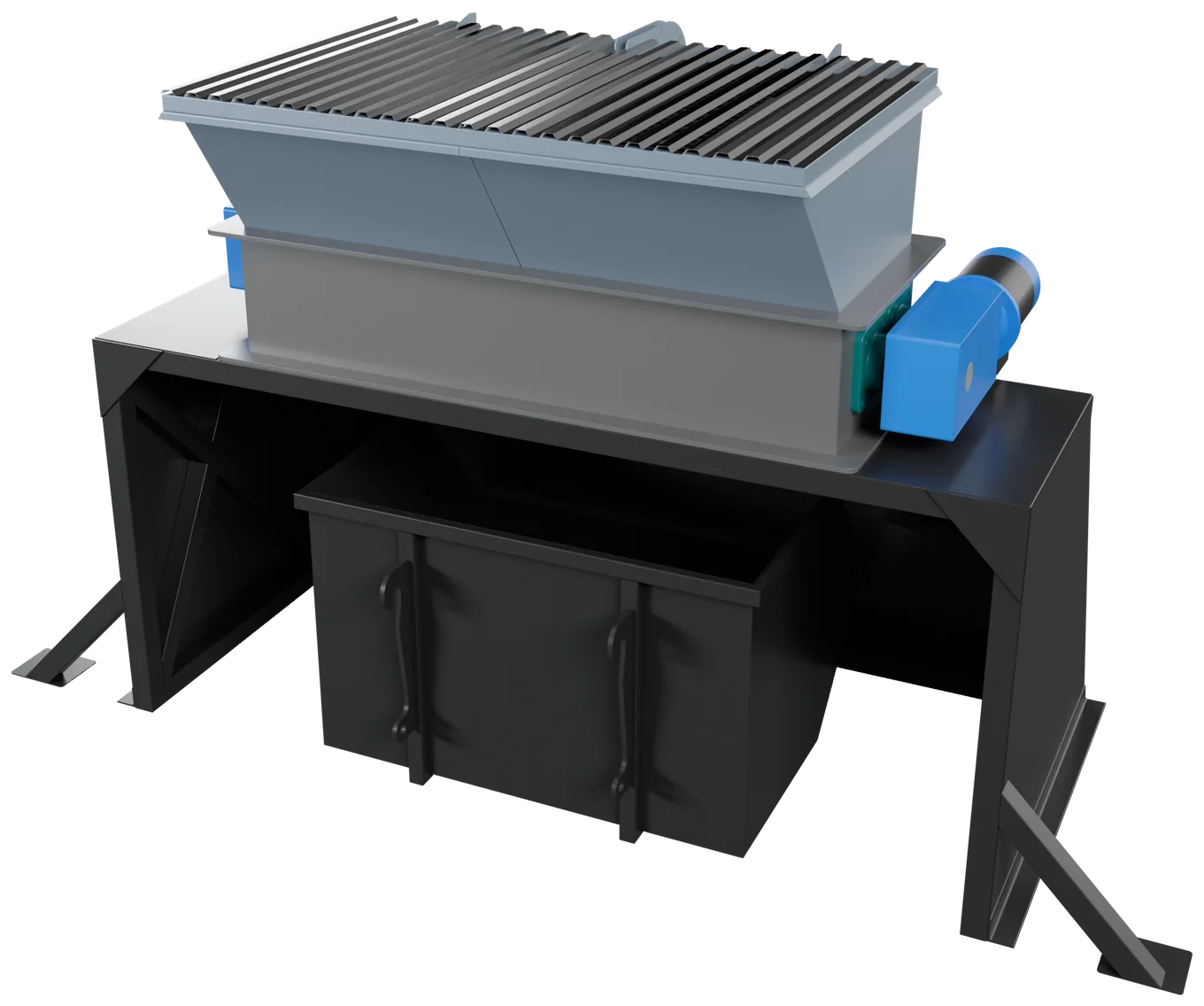 The Shredder Wide: shredder shafts and housing twice as long, a hopper with vertical short sides, a longer lid and stand, and the same bin
