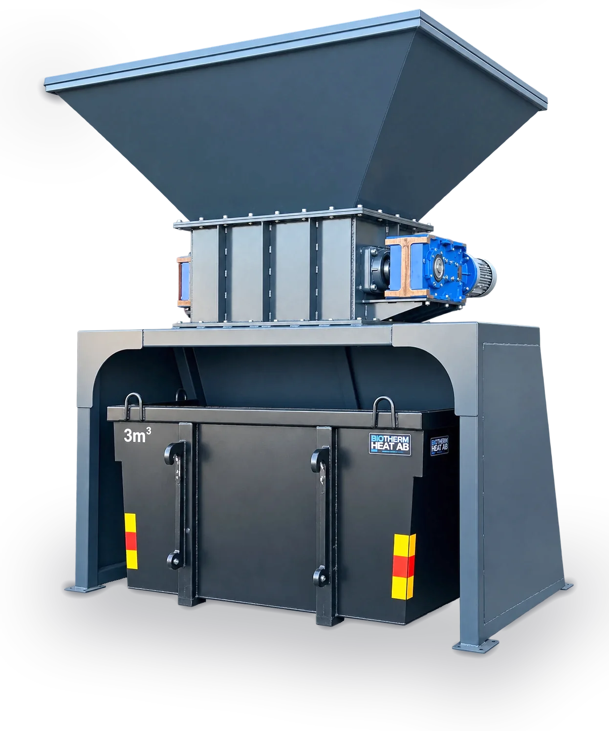 The Shredder: the hopper at the top, the shredder-shaft housing with the blue gear motors and the stand with the 3 m³ bin below