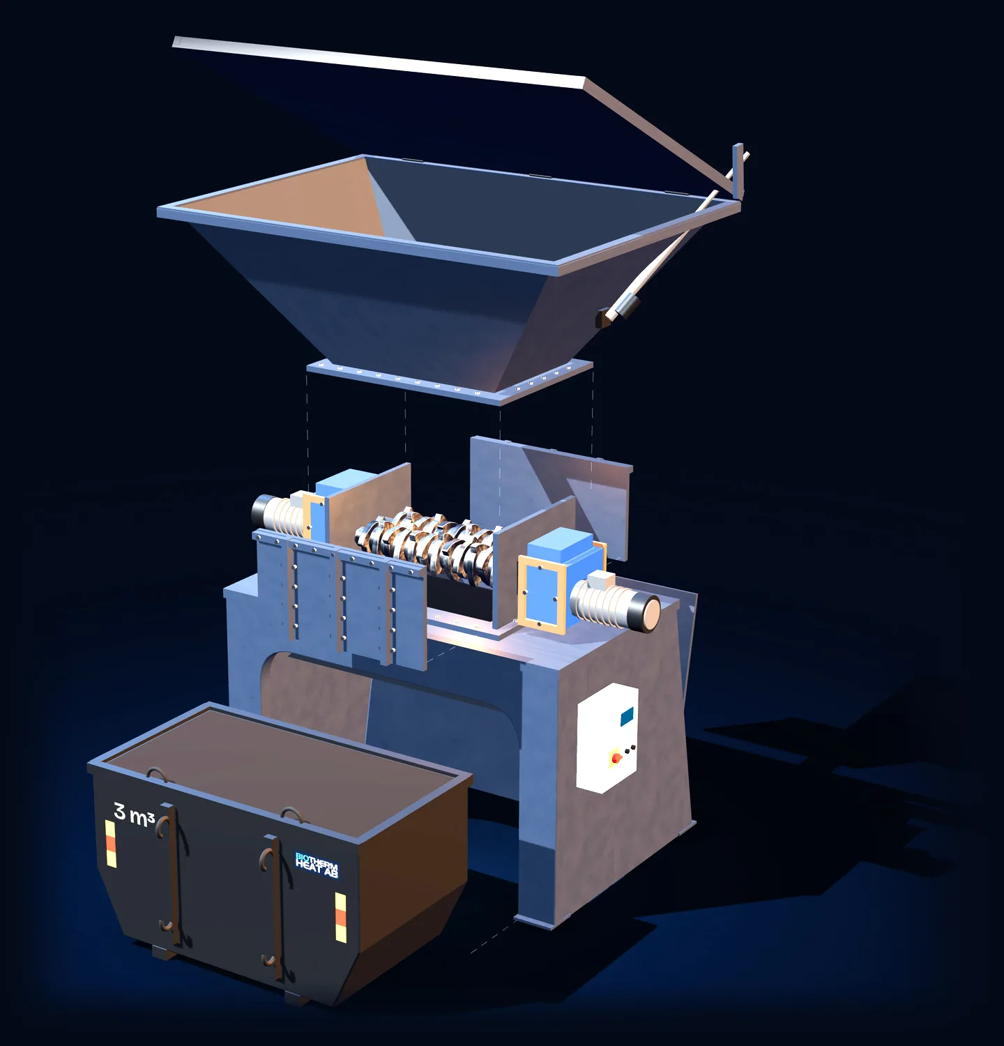 Exploded view of the Shredder: the open lid, the hopper, the shredder shafts with the shredder motors, the stand with the control cabinet, and the 3 m³ bin in front