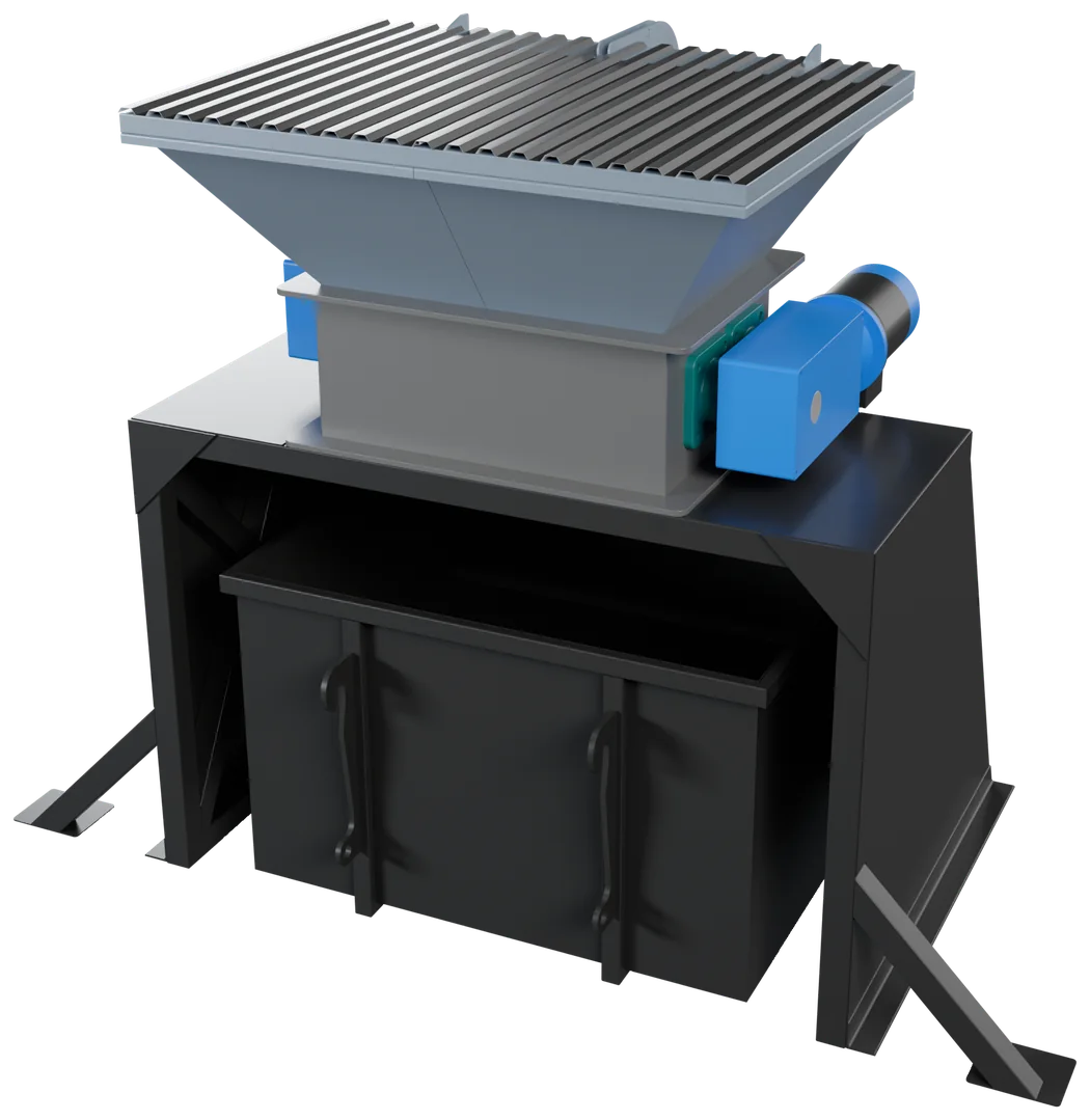 The Shredder: the shredder-shaft housing with the hopper and lid on the stand, the bin below