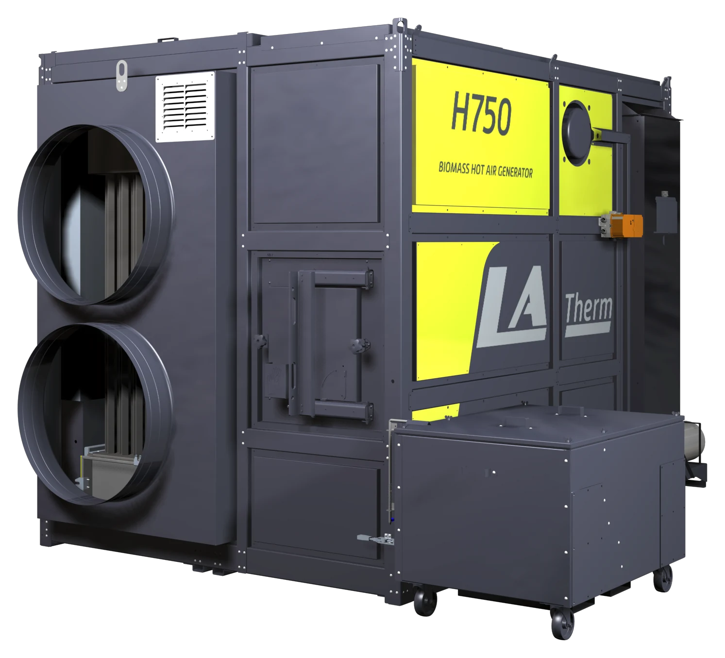 LASCO LATherm H750: mörkgrå container med gulgröna paneler, två stora runda varmluftsutlopp på sidan och asklåda på hjul