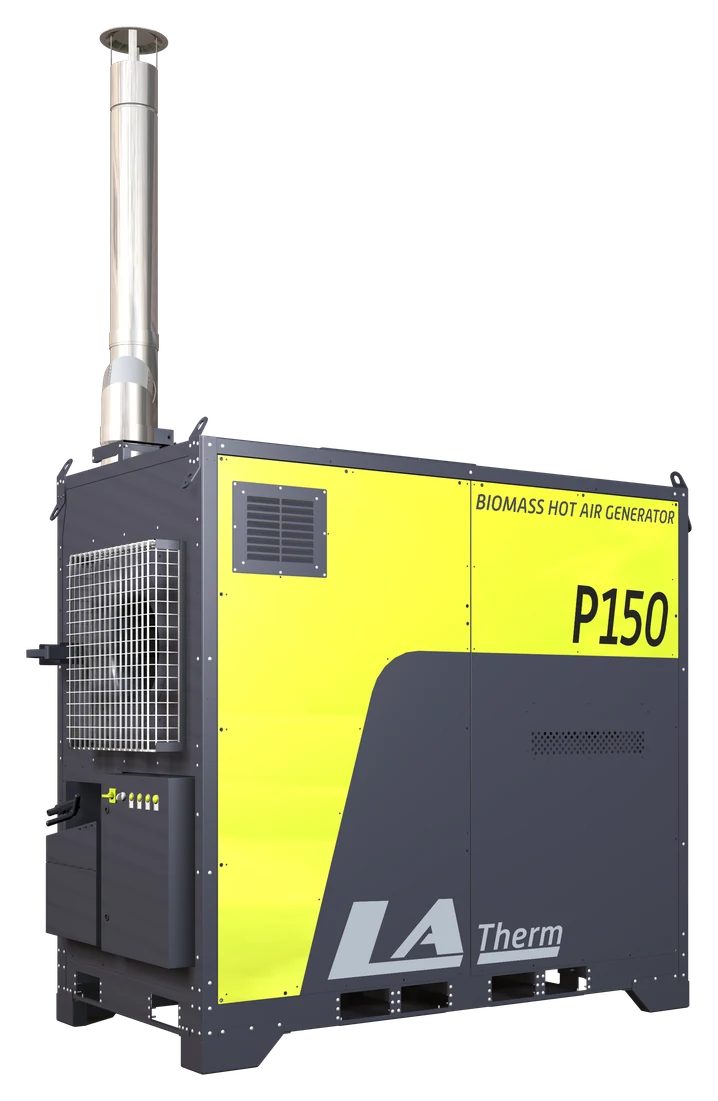 LASCO LATherm P150 framifrån: gulgrön front med fläktgaller, timbehållare och skorsten