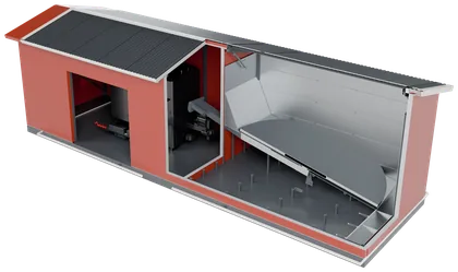 Heating plant in cross-section with boiler room and fuel store