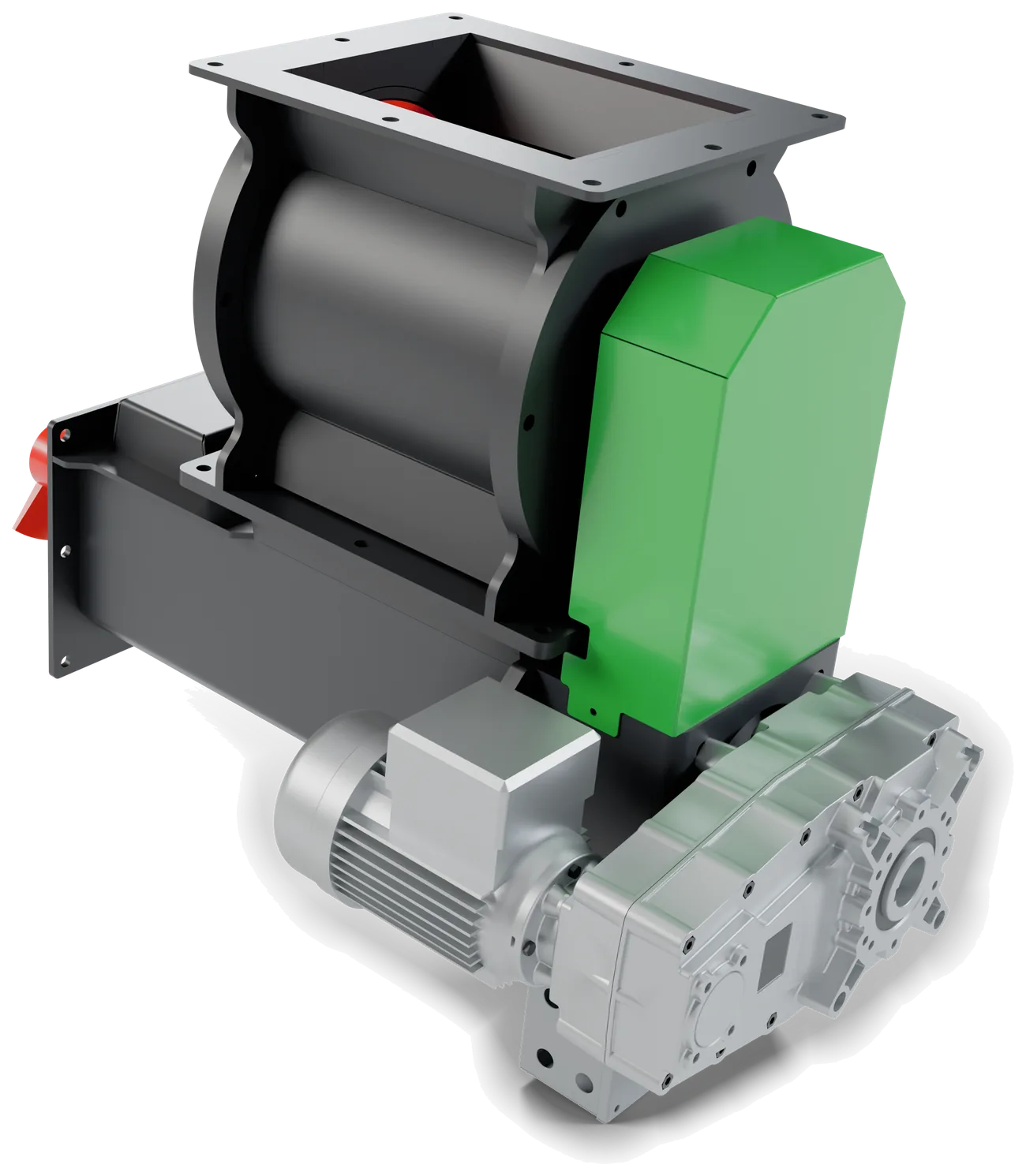 Rotary valve and stoker screw for Multiauto 38–60: the inlet at the top, the rotary valve housing, the red end of the stoker screw on the left, the green cover and the motor with gearbox at the bottom