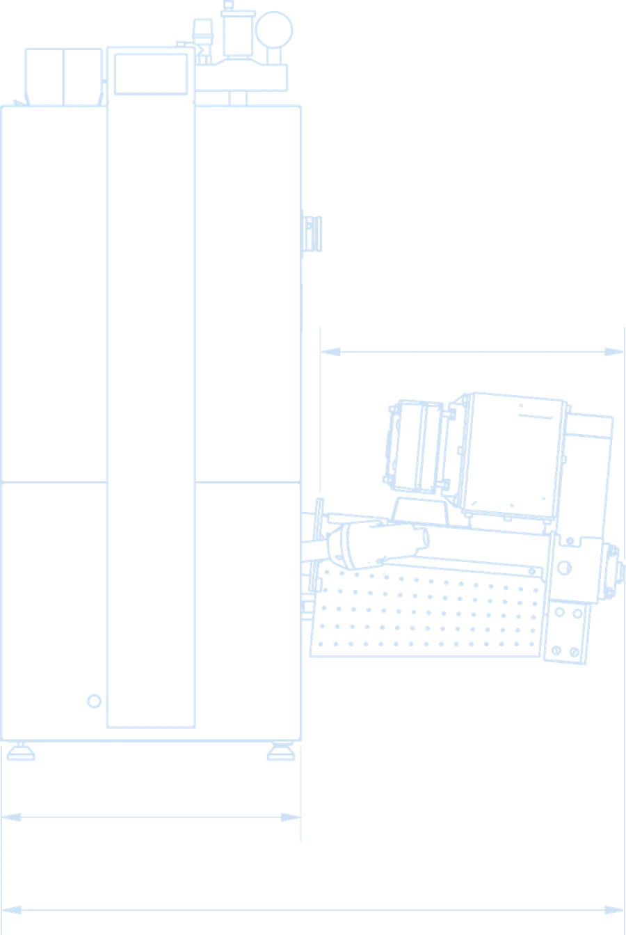 Front view drawing with the dimensions A1 total width, A2 boiler width and A3 feeder width