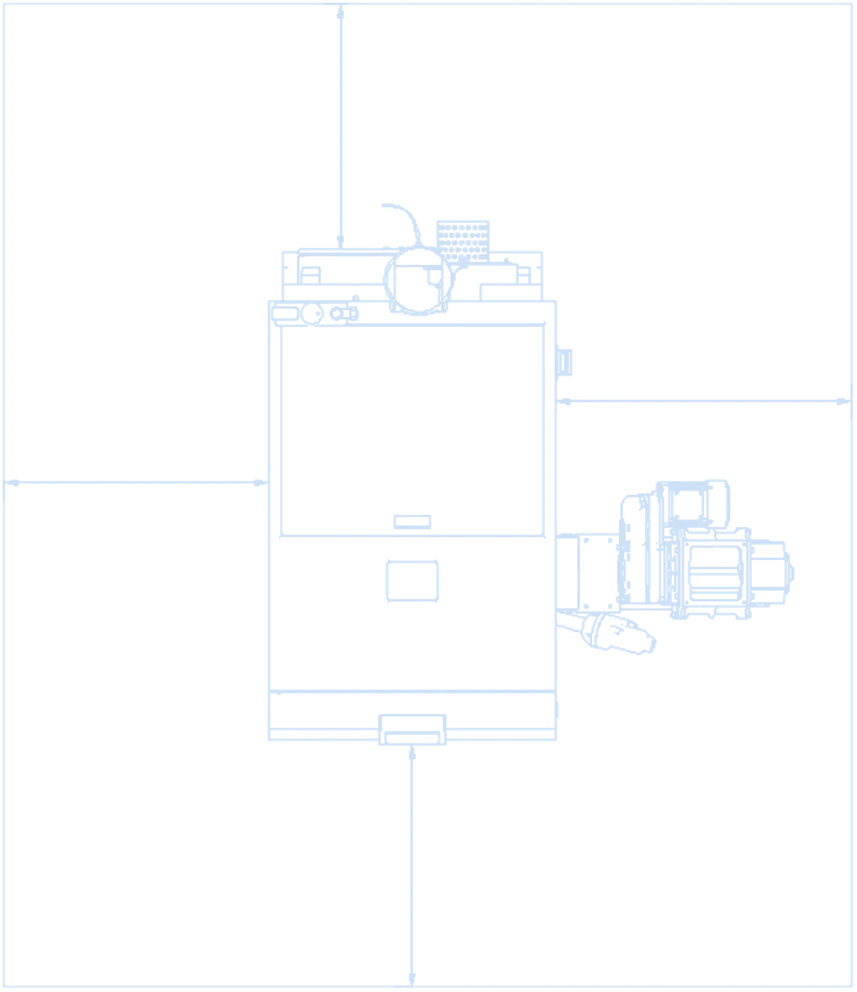 Drawing from above of Multiauto in the wood-chip version in a boiler room, with minimum clearances: 650 mm behind, 300 mm at the side, 800 mm on the feeder side and 460–640 mm in front