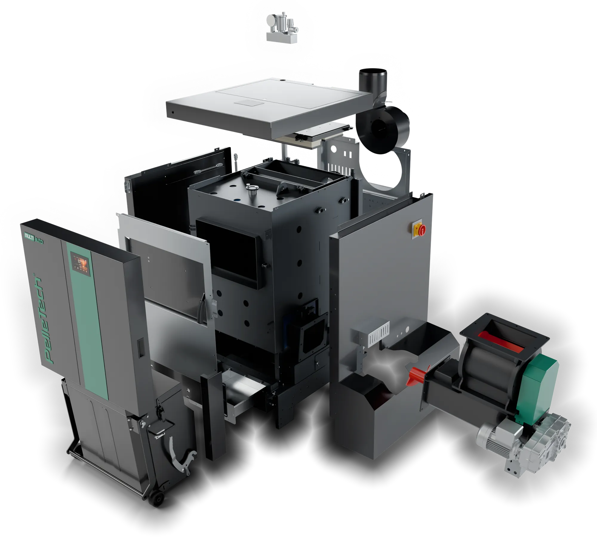 Exploded front view of PelleTech Multiauto 38–60: the casing, doors, boiler body, flue gas fan, ash box and the feed system with rotary valve, stoker screw, motor and gearbox pulled apart