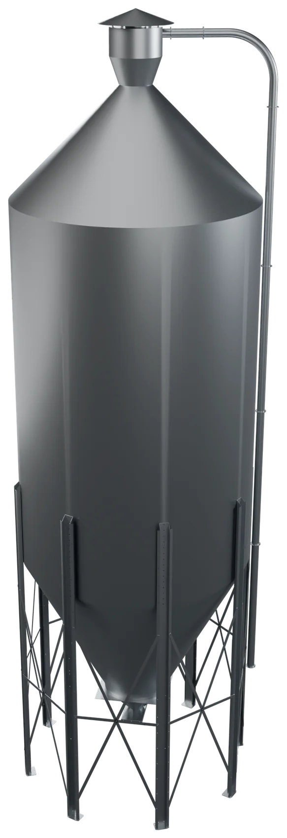 The silo in CAD: the filling pipe along the side up to the cyclone on the roof, the galvanised silo on legs with bracing and the conical bottom with the outlet