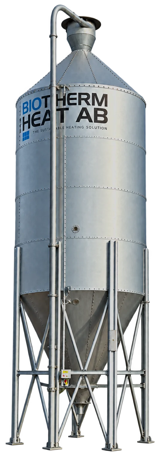 Pellet silo in galvanised steel with the Biotherm Heat logo: the filling pipe up to the cyclone on the roof, a conical bottom and its own legs with bracing