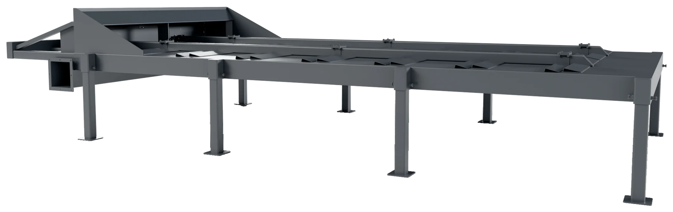 The scraper floor from the side in CAD: the steel frame on legs, the scraper floor and the cross screw at the end