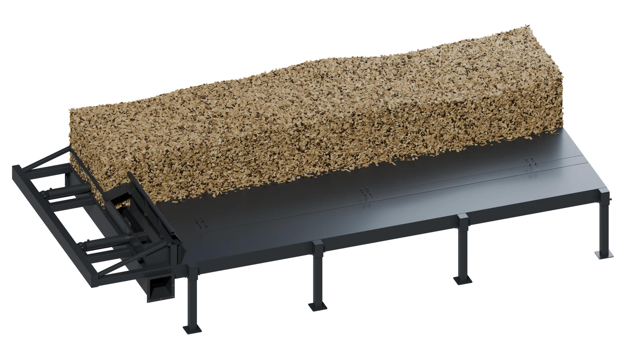 The scraper floor in CAD, seen from the front at an angle: the hydraulic cylinders at the end, the push bars with the wedge-shaped scrapers on the floor, and the wood chips over the far half of the floor, cut away lengthwise