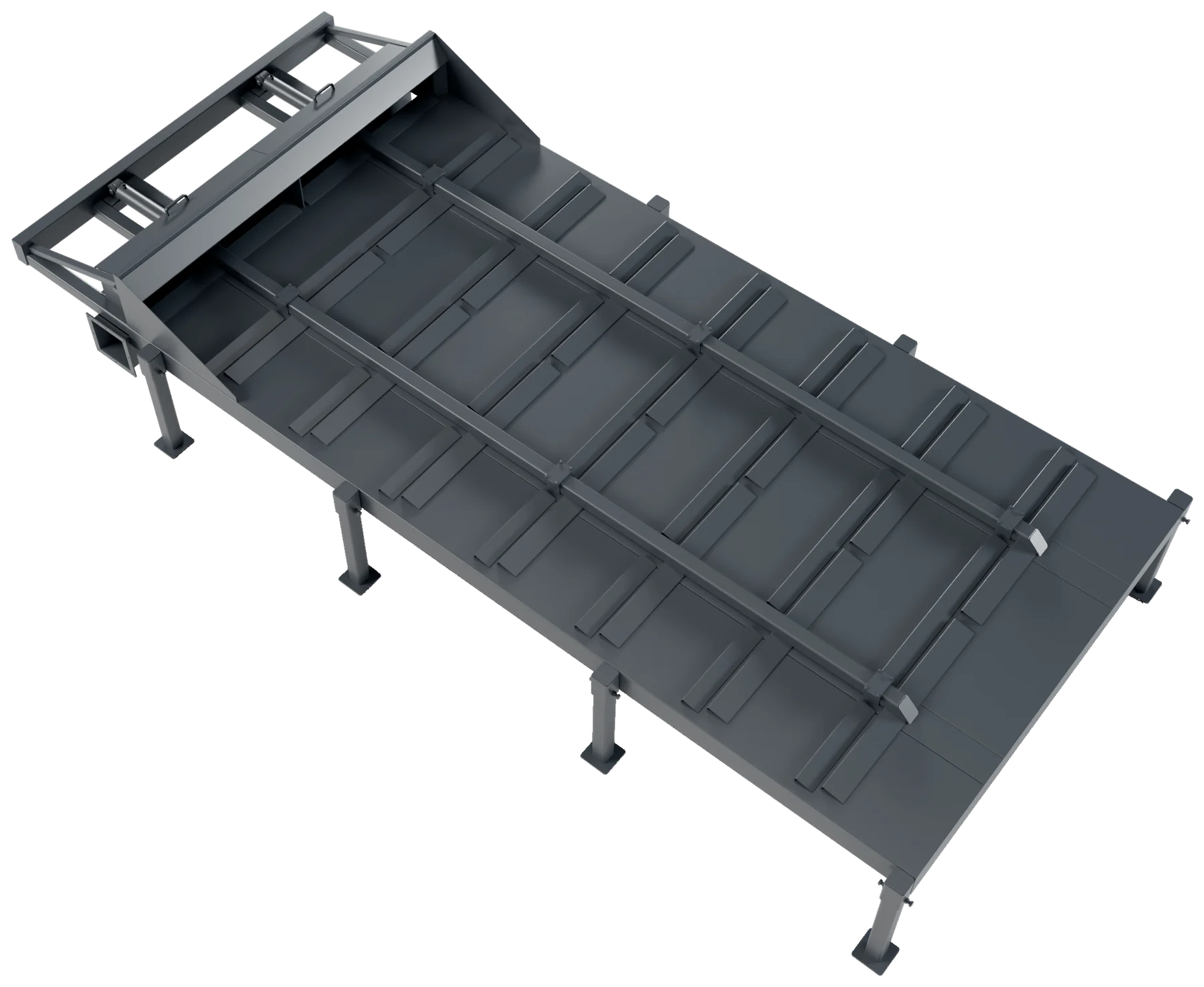 The scraper floor from above: wedge-shaped scrapers in rows and the cross screw at the short end
