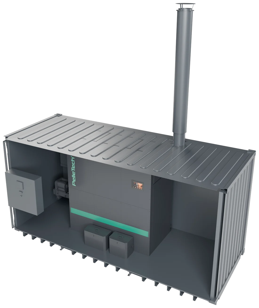PelleTech AERO in a standard container with a chimney, the long side removed