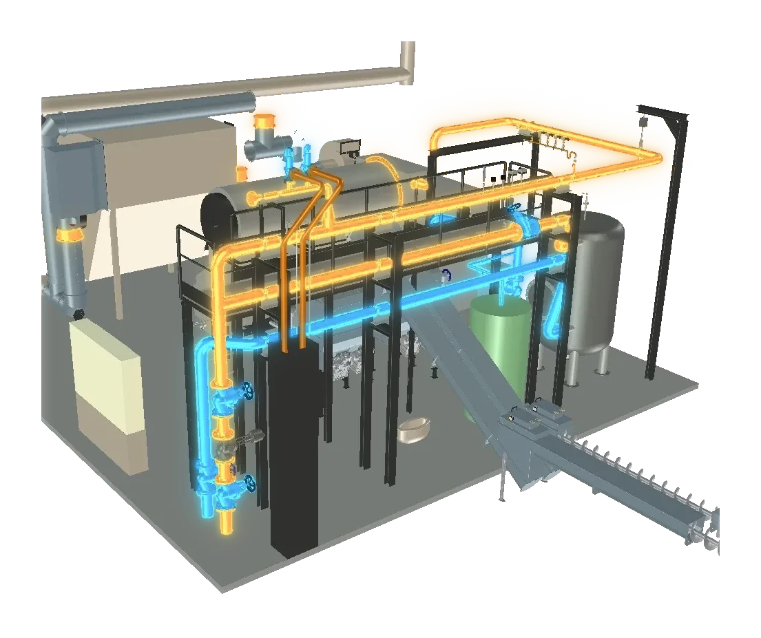 Heating plant drawn in IRONCAD: the boiler, accumulator tank, feed system and pipework, with the flow in a warm colour and the return in a cool one