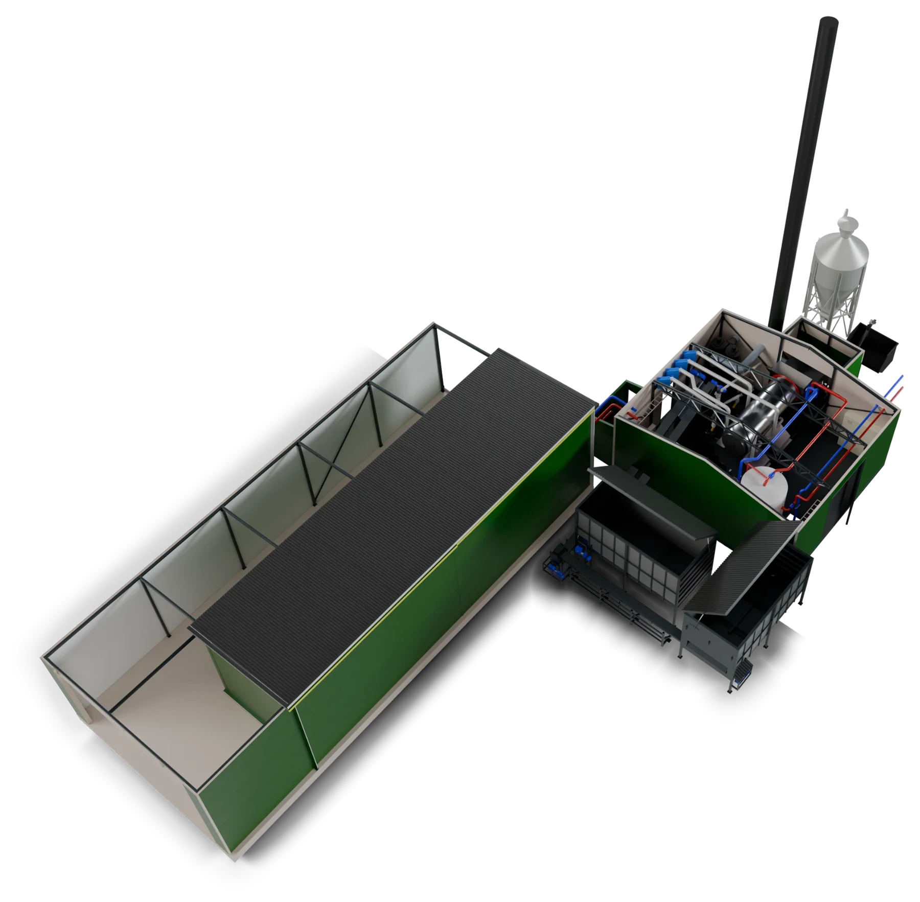 A complete plant drawn in 3D, seen from above: the heating plant with the boiler room cut open – the boiler, pipes and tank – the fuel hall, the chimney and the silo