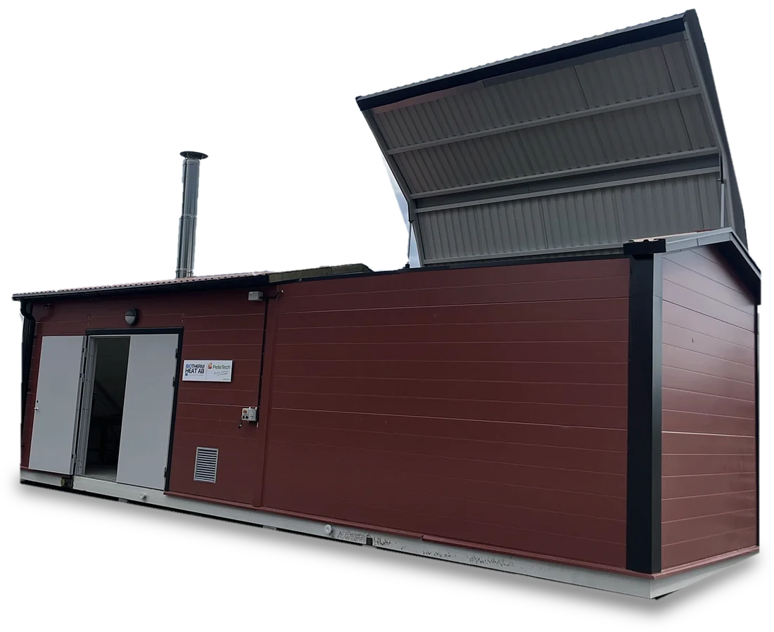 Biobox ALL INclusive: red heating plant with a built-in fuel store, the roof hatch raised and the doors open
