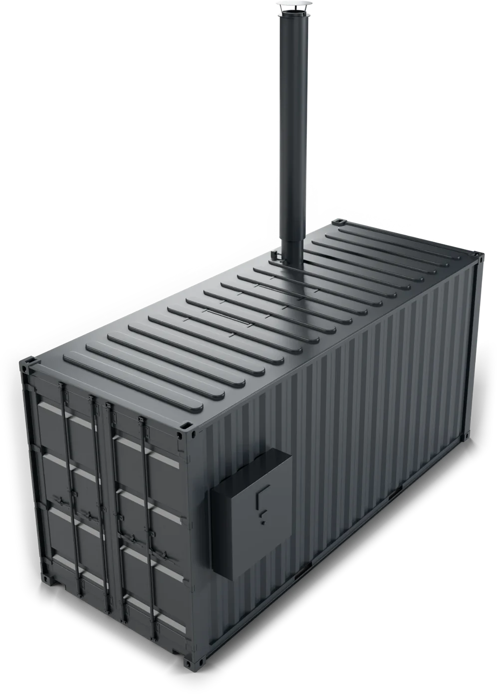 Dark grey standard container with a chimney on the roof and a cabinet on the long side