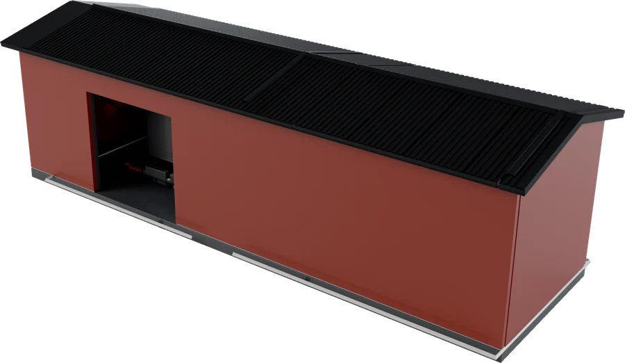 Red standard heating plant with a black roof and the door open into the boiler room, drawn in 3D